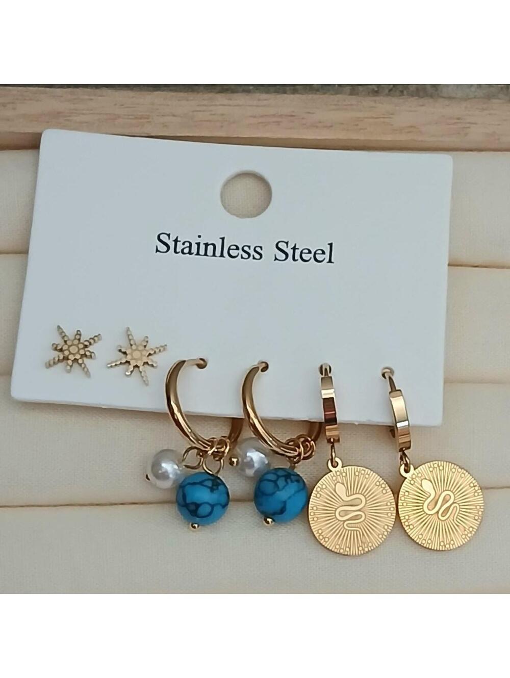 3 Pair Gold Earring Set | Turquoise Pearl & Snake Earrings
